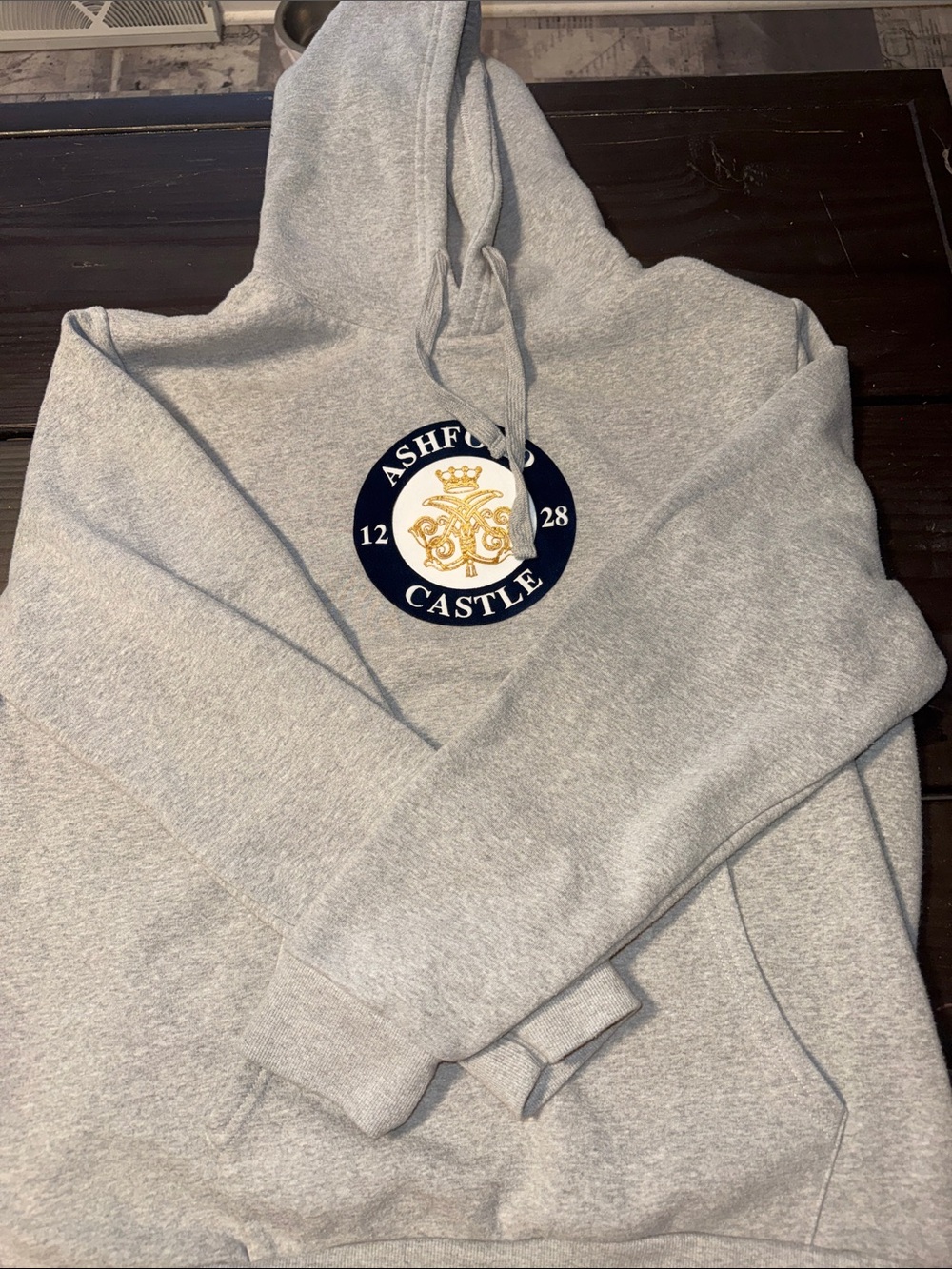 American Needle Light Gray Hoodie with Navy and Gold Ashford Castle Crest